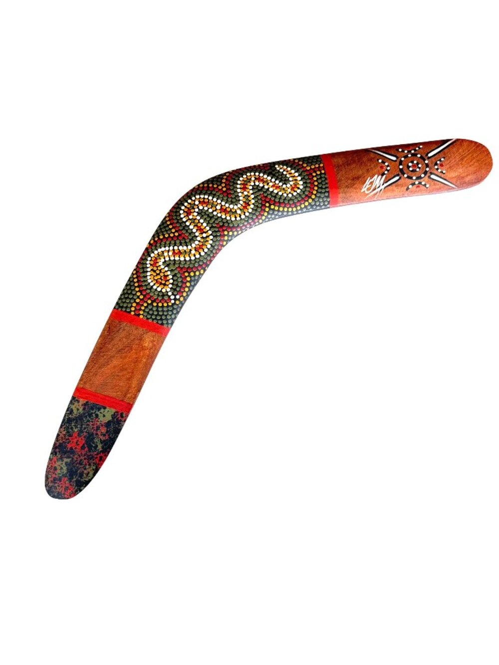 Handcrafted Wooden Boomerang Aboriginal Inspired Dot Art Snake Design Signed